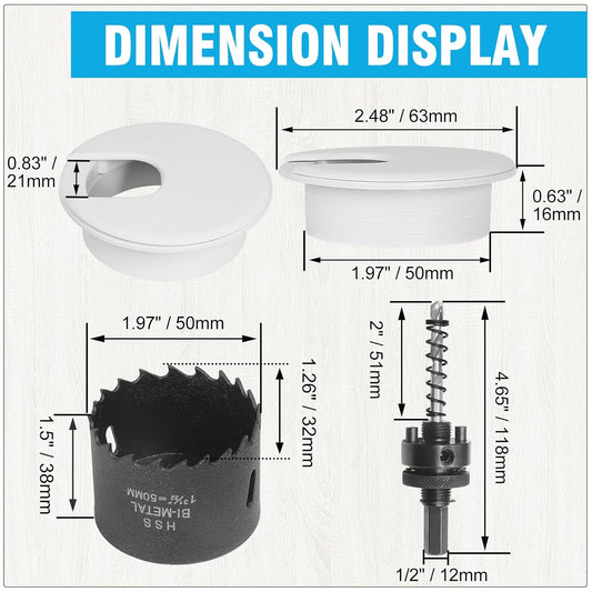 2" White Desk Grommet with Bi-Metal Hole Saw, JTemgle Plastic Cable Hole Cover Computer Table Cord Wire Organizer Caps, Desktop Cord Management for Home Office TV Stands Tabletops, 13 Pieces
