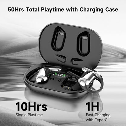Open Ear Clip Wireless Earbuds Bone Conduction Headphones, Bluetooth 5.4, Open Ear Design, Built-in Mic, IPX7 Waterproof, LED Display Charging Case,Ear Hooks Ear Buds,Design for Running Fitness