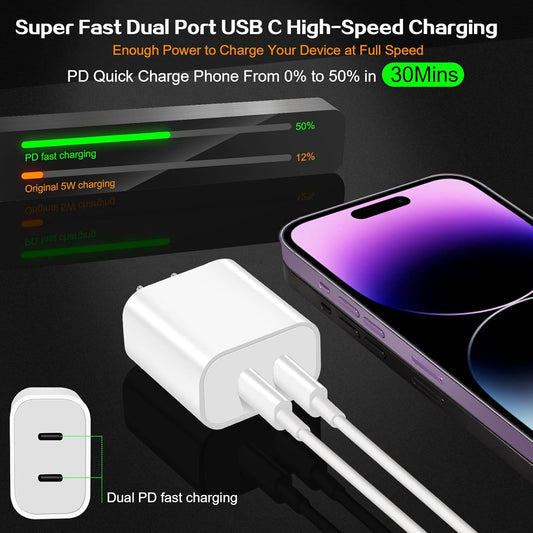 Super Fast iPhone Charger,Dual Port USB C iPhone Charger Fast Charging Block,3Pack Double Type C Wall Power Delivery Adapter,6Pack Quick USB C to Lightning Cable for iPhone 14 Pro/13/12/11/MiNi/XS/XR