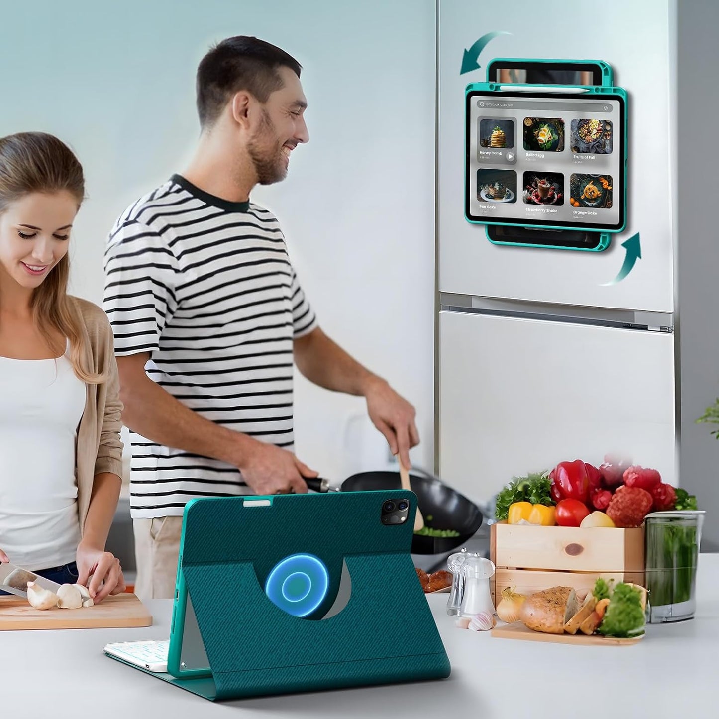 OYEEICE Keyboard Case for iPad Pro 12.9 inch 6th Gen 2022, 5th 2021, 4th 2020, Rotating Detachable Clear Cover with 7 Colorful Backlit Keyboard Wireless, Pencil Holder, Auto Wake/Sleep - Teal