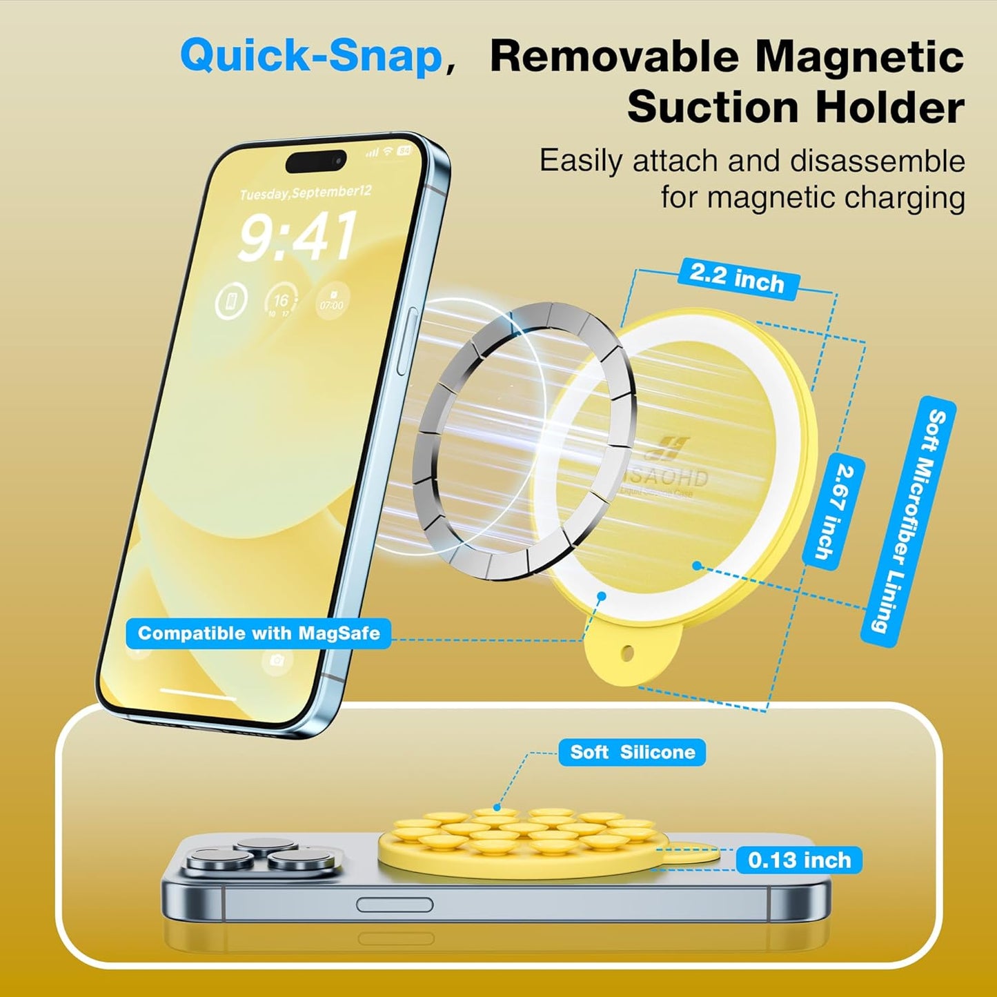 Magnetic Suction Cup Phone Mount for MagSafe Case, Silicone Hands-Free Grip Holder for iPhone and Android, Mirror Shower Phone Stand for Makeup FaceTime Gym Kitchen Bathroom, Yellow