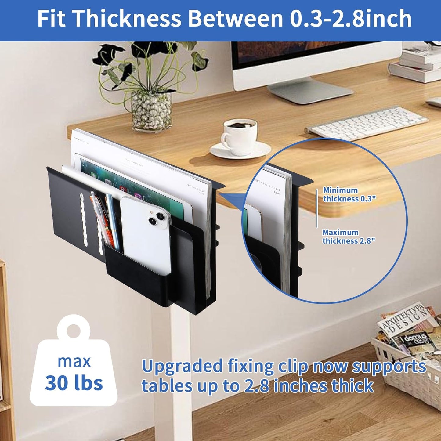 LUKETURE Laptop Holder, Steel Desk Side Storage, No Drill Standing Desk Accessories, Clamp on Laptop Mount with Pen Holder, Fits Flat Edge Tables 0.3" to 2.8" (Black, L(2 Tier))