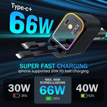 Car Charger with Starlight, 66W USB C Fast Car Charger Adapter, 4 in 1 Retractable Car Chargers with 2 USB Ports for iPhone 15/14/13/12/11 and for Android (Dark Black)