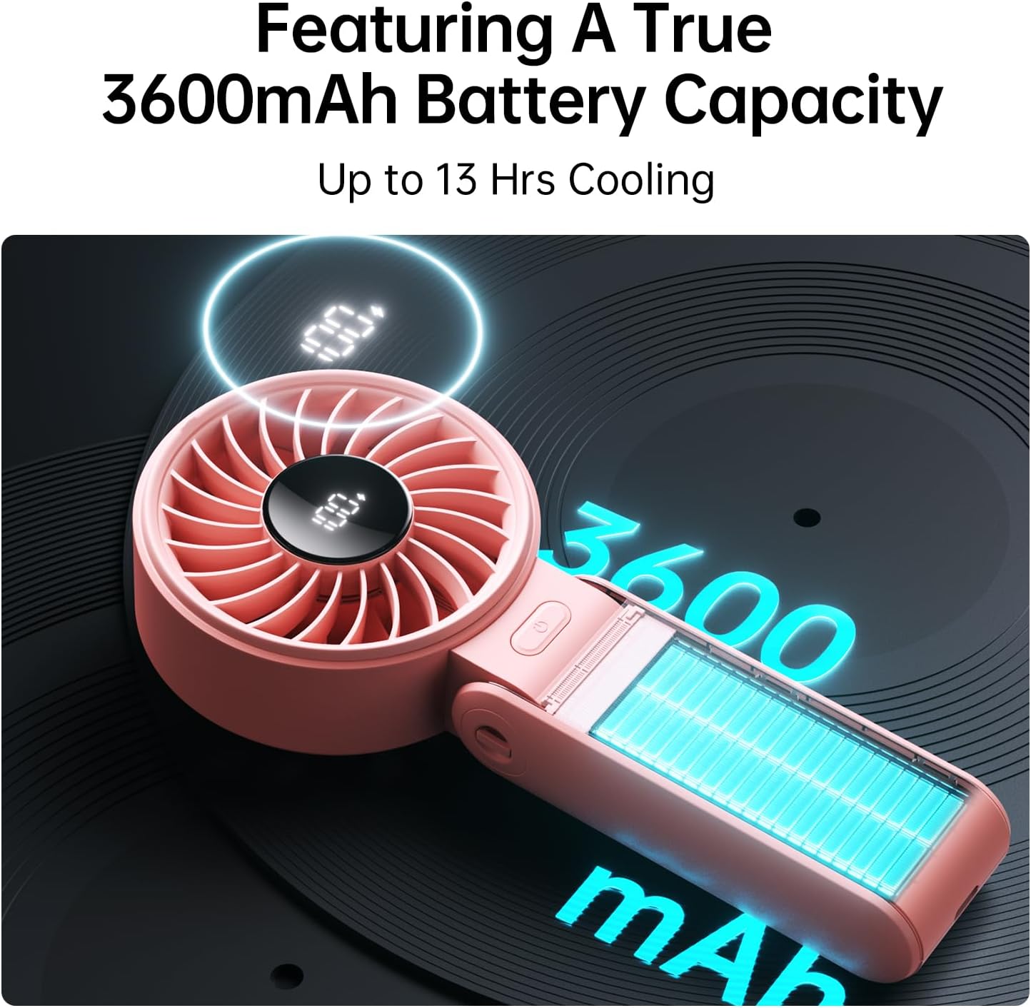 JISULIFE Handheld Fan Life7 – Ultimate Flexibility: High-Power Motor, LED Display, 13 Hrs Cooling, 3600mAh Rechargeable, 5-Speed, Foldable Design, 3-IN-1 Portable Fan for Travel Cruise Beach(Pink)