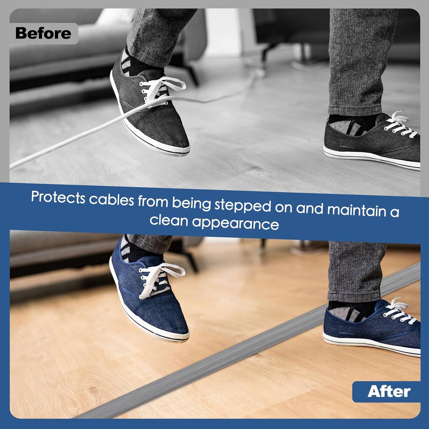 Floor Cord Cover for Wires on Floor Self Adhesive Cord Hider Floor Cable Management Wire Covers for Cords Protector Prevent Cable Trips Cord Cavity W 0.32" x H 0.32", Gray Wood, 10Ft