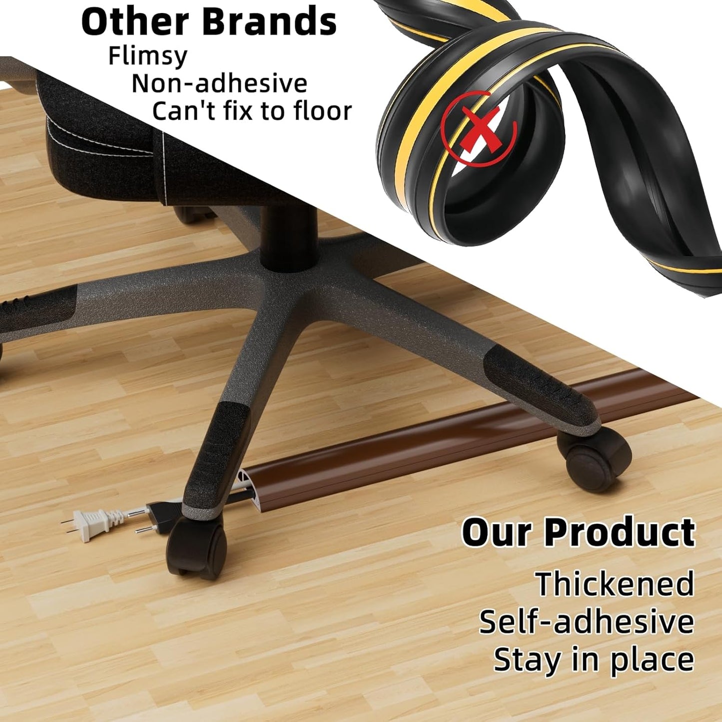 4ft Floor Cord Cover, Silicone Wire Hider, Hide Extension Cords, Protect Cords, Prevent Cable Trips, Heavy-Duty Adhesive-Backed Anti-Trip Cable Protector for Floor, Desk & Wall