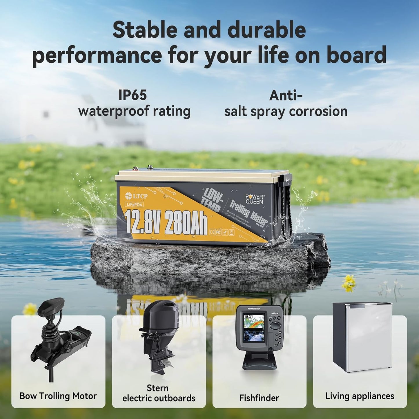 Power Queen 12V 280Ah PLUS LiFePO4 Battery Low-temp Protection Group 8D Battery, Deep Cycle Battery with 200A BMS, 3584Wh Energy, Up to 15000 Cycles for Truck, RV, Motor Home, Marine