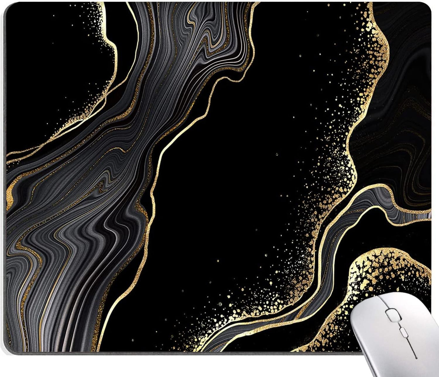 Mouse Pad Marble, Cute Personalized Mouse Pads with Design, Square Washable Cloth Mouse Mat, Gaming Office Home Non-Slip Rubber Base Computer Mousepad, Black Gold Marble