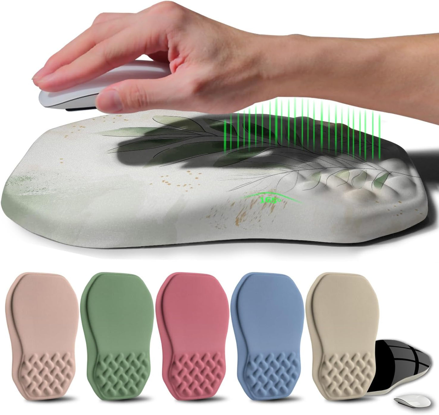 Ergonomic Raised Mouse Pad Wrist Support with Bilateral Slope Memory Foam Mousepad for Wrist Rest and Carpal Tunnel Pain Relief 11.8x7.9〃 Green Leaf