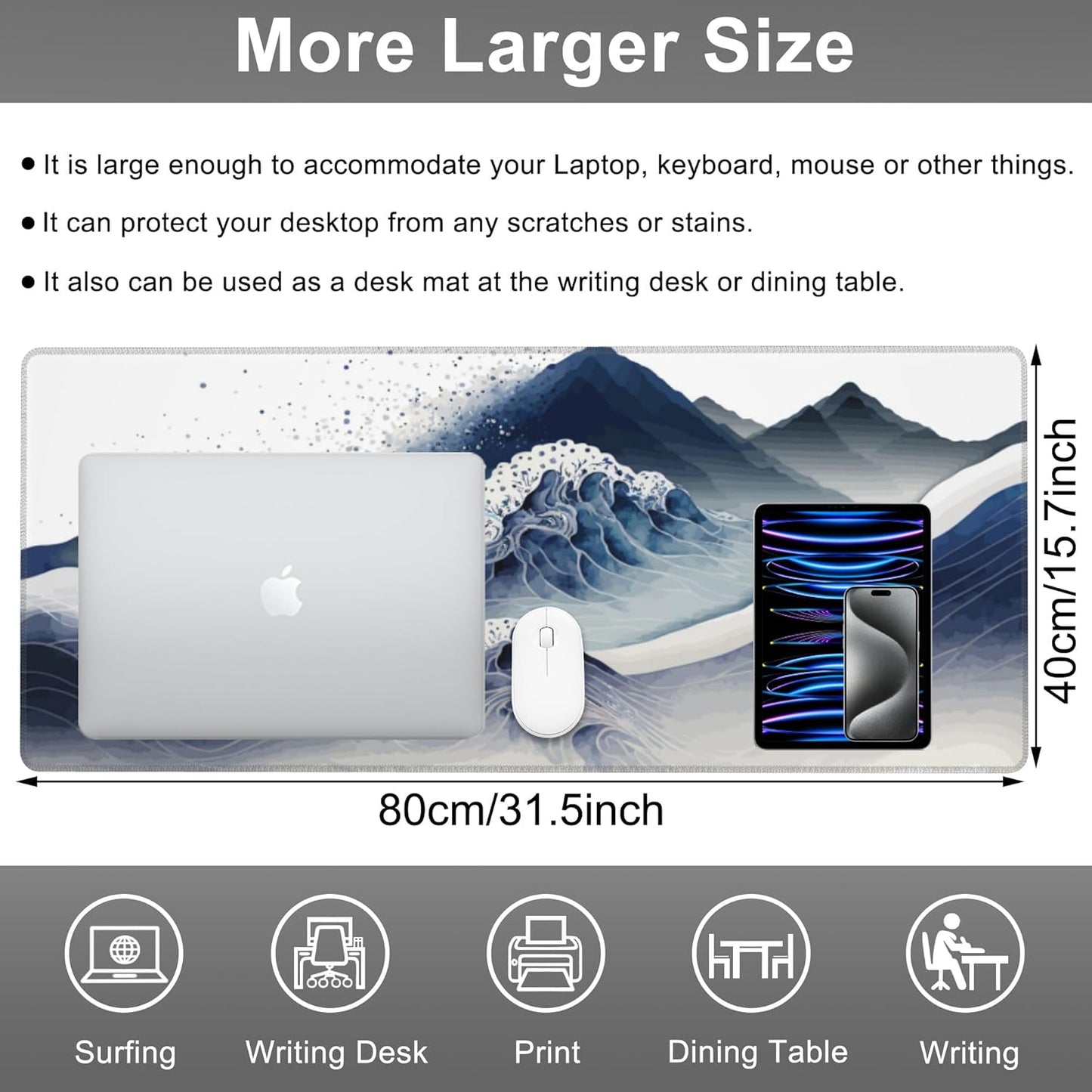 Mouse Pad, Large Watercolor Majestic Mountains Desk Mat, Extended Non-Slip Gaming Keyboard Mousepad Desk Pad, Thick Stitched Edges Waterproof Mouse Mat 31.5"x15.7" (Luxurious Mountainous Terrain)