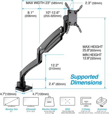 AVLT Single 17"-57" Super Ultrawide Monitor Arm for Screens Up to 59.5 lbs, Premium Aluminum Desk Stand, Adjustable Pneumatic Height, Full Motion Swivel Tilt Rotation, USB-C & USB-A Ports, Black