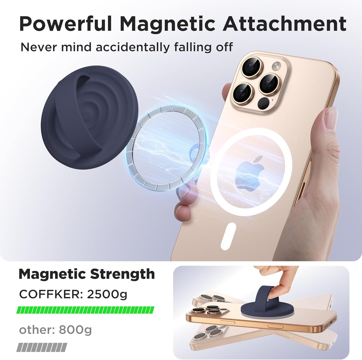 Magnetic Phone Ring Grip Holder, Silicone Finger Loop Grip, Compatible with MasSafe, Back of Phone for iPhone Pro Max/Plus/16/15/15/14/13/12 Series, Midnight Blue