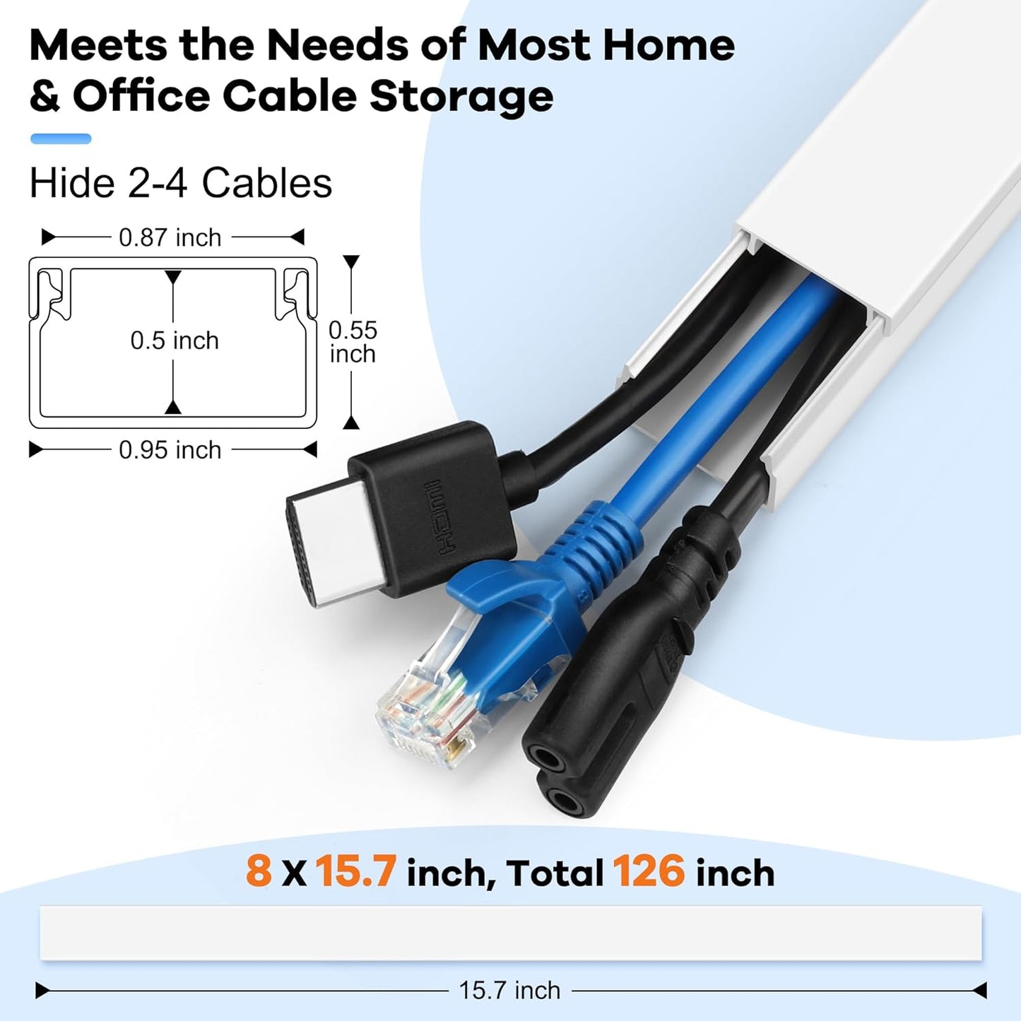 126in Cord Hider Kit, ZhiYo Cord Covers for Wall Mounted TV, Paintable Wire Cover for Cords, TV Cable Hider Wall Kit, Wall Cord Concealer, Cable Cover Wall Wire Management, 8xL15.7in W0.95in H0.55in
