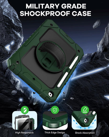 Cantis Case for iPad 9th/8th/7th Generation with Screen Protector, iPad 10.2 Case 2021/2020/2019 with 360 Degree Rotating Stand/Shoulder Strap/Pencil Holder, Alpine Green