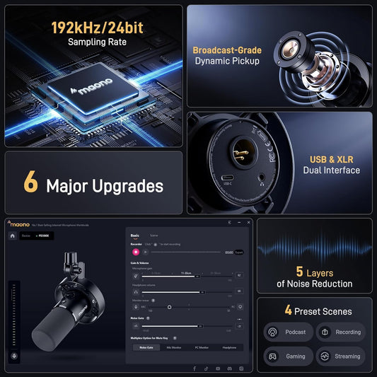 MAONO USB XLR Dynamic Microphone for Podcast: PC Computer Gaming Mic with 192kHz/24bit for Studio Recording Streaming Content Creation PD300XT