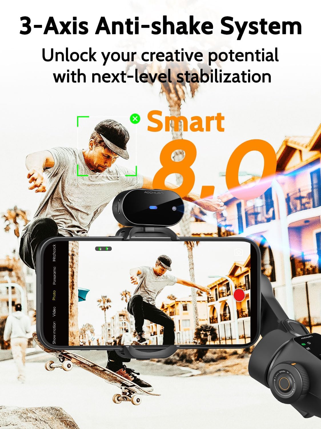 3-Axis Gimbal Stabilizer for iPhone & Android,NO APP AI Tracking,7.8' Built-in Extension Rod,Phone Stabilizer for Video Recording,OLED Display,Trigger Button,Sport,Vlogging(Smart V8 AI Black)