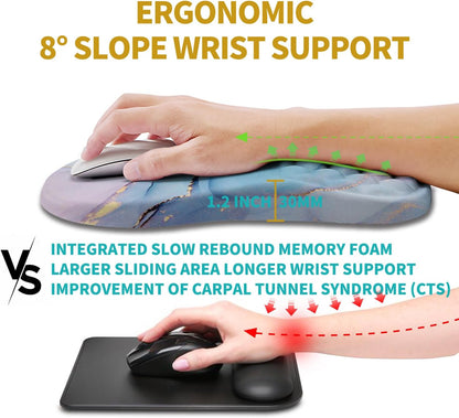 Hokafenle Ergonomic Mouse Pad Wrist Support, Wrist Rest Mousepad for Carpal Tunnel Pain Relief with Integrated Memory Foam Slope Massage Bulge (11.8x7.9 inch,Blue Marble