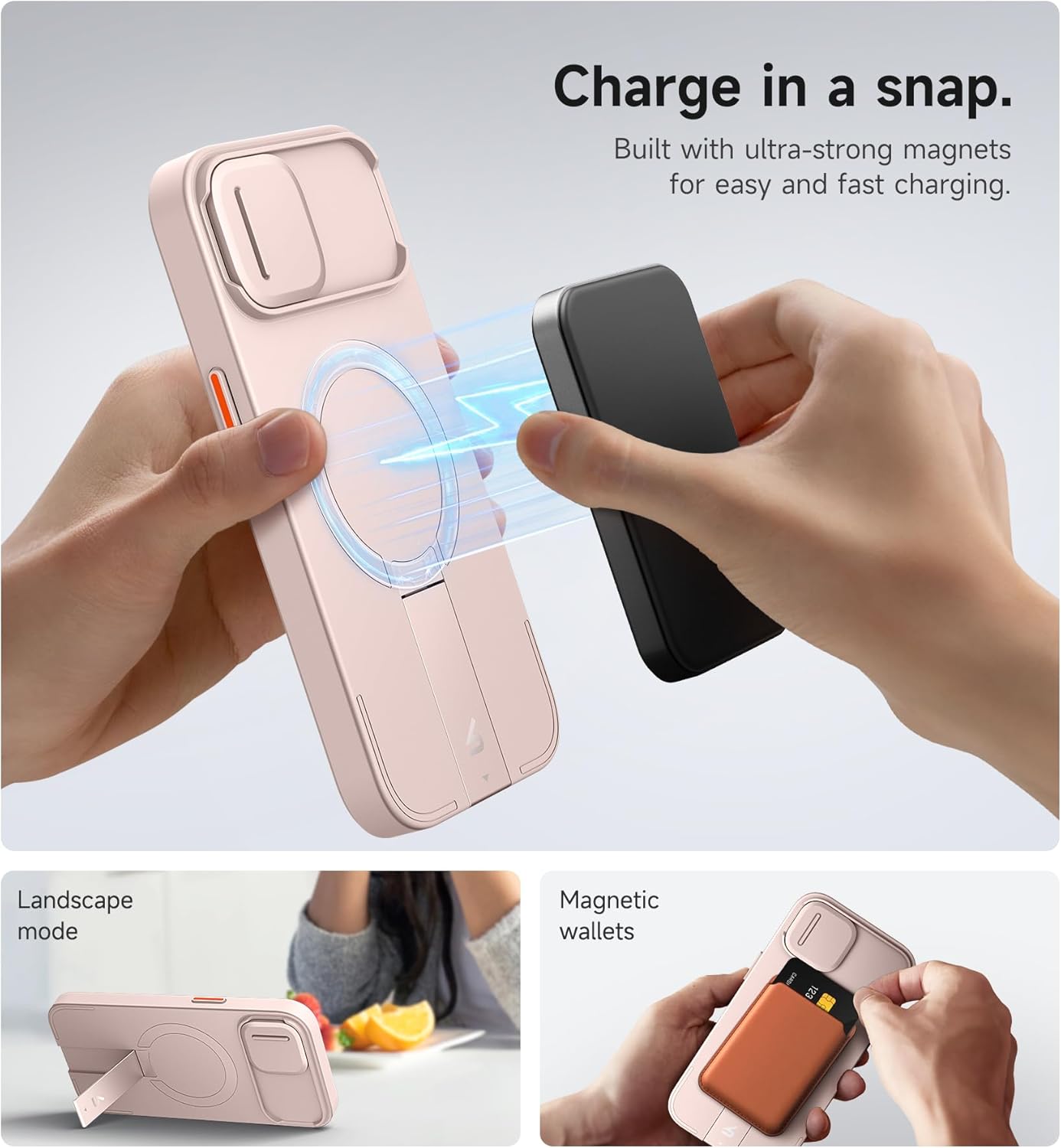 SURITCH for iPhone 13/14 Case with Magnetic Camera Slide Cover and Adjustable Kickstand, Compatible with MagSafe, Shockproof Bumper Case Slim Protective Cover for iPhone 13/14 6.1 Inch, Pink