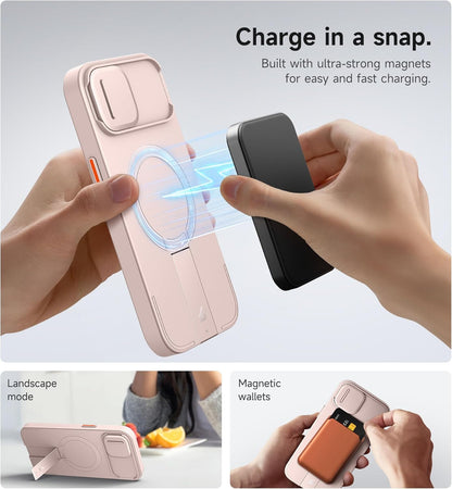 SURITCH for iPhone 13/14 Case with Magnetic Camera Slide Cover and Adjustable Kickstand, Compatible with MagSafe, Shockproof Bumper Case Slim Protective Cover for iPhone 13/14 6.1 Inch, Pink