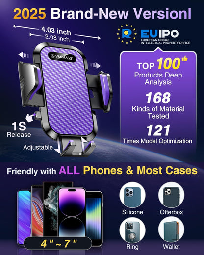 VANMASS Car Phone Holder Mount 2025 Upgraded [Patent Steel-Hook] Car Vent Phone Mount Clip Military-Grade Shockproof Cell Phone Car Mount Handsfree Truck Stand Vent Cradle for iPhone 16 Android,Purple
