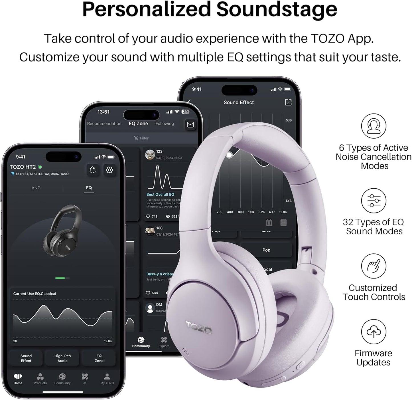 TOZO HT2 Hybrid Active Noise Cancelling Headphones, Wireless Over Ear Bluetooth Headset, 60H Playtime, Hi-Res Audio Custom EQ via App Deep Bass Comfort Fit Ear Cups, for Home Office Travel Purple