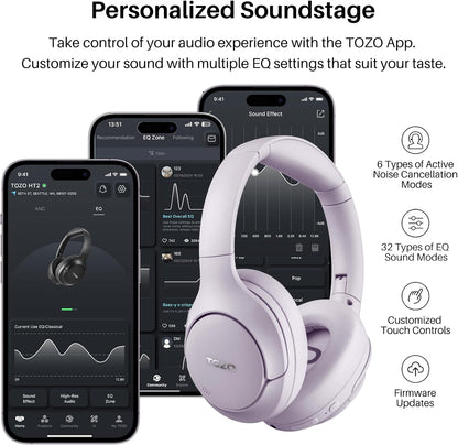 TOZO HT2 Hybrid Active Noise Cancelling Headphones, Wireless Over Ear Bluetooth Headset, 60H Playtime, Hi-Res Audio Custom EQ via App Deep Bass Comfort Fit Ear Cups, for Home Office Travel Purple