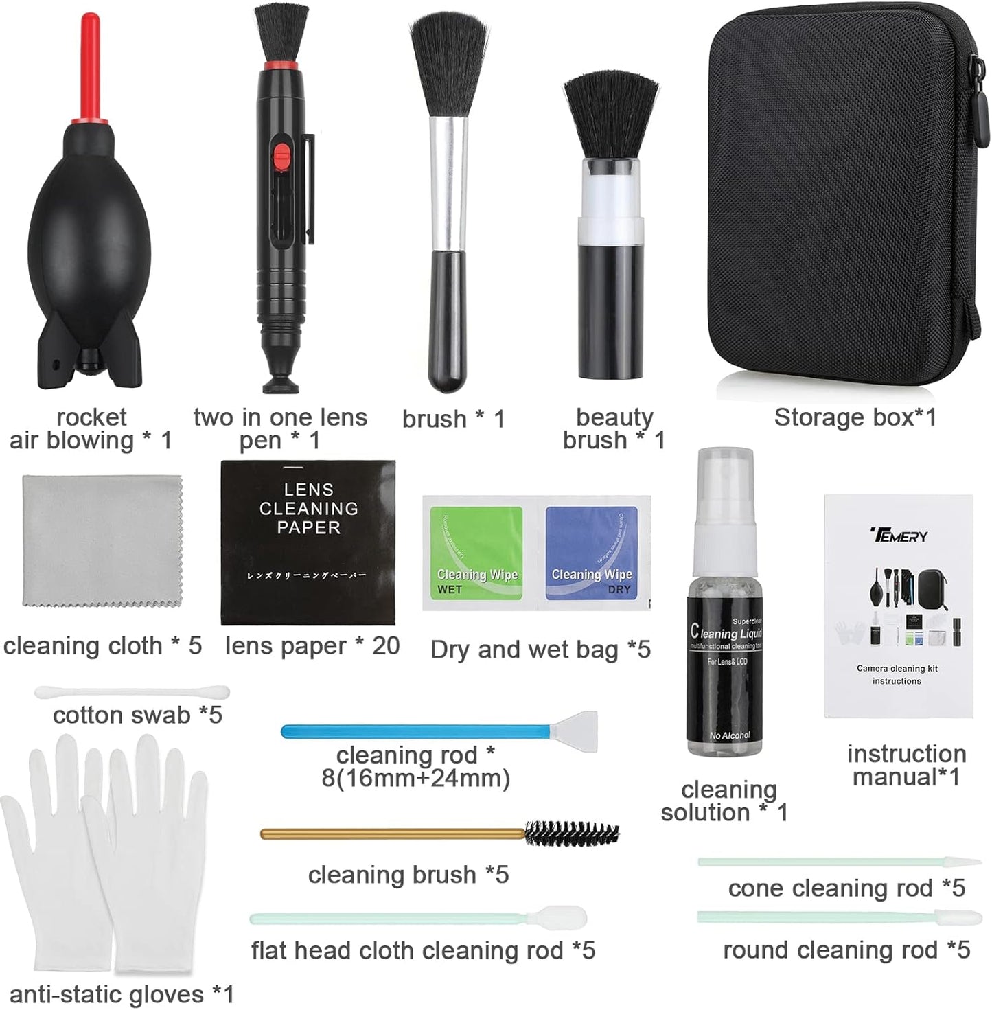 17-in-1 Camera Cleaning Kit for DSLR Cameras (Canon, Nikon,Sony), with Air Blower/Cleaning Pen/Detergent/Cleaning Cloth/Lens Brush/Carry Case