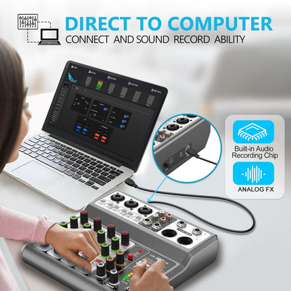 Aveek Professional Audio Mixer, Sound Board Mixing Console with 5 Channel Digital USB Bluetooth Echo Delay Effect, Input 48V Phantom Power Stereo DJ Mixers for Recording, Live Streaming, Podcasting