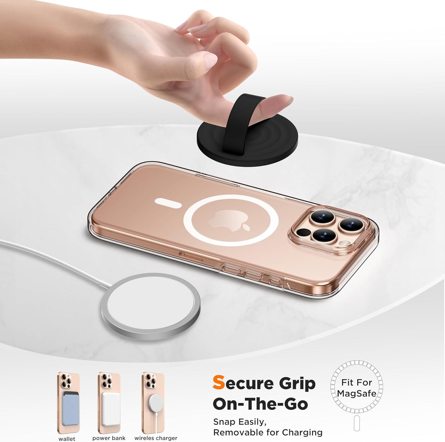 Magnetic Phone Ring Grip Holder, Silicone Finger Loop Grip, Compatible with MasSafe, Back of Phone for iPhone Pro Max/Plus/16/15/15/14/13/12 Series, Black