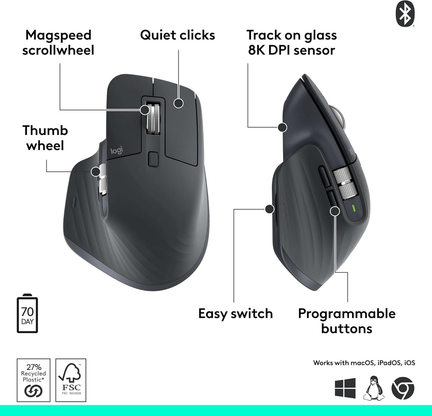 Logitech MX Master 3S Bluetooth Edition Wireless Mouse, No USB Receiver - Ultra-Fast Scrolling, Ergo, 8K DPI, Track on Glass, Quiet Clicks, Works with Apple Mac, Windows PC, Linux, Chrome - Graphite