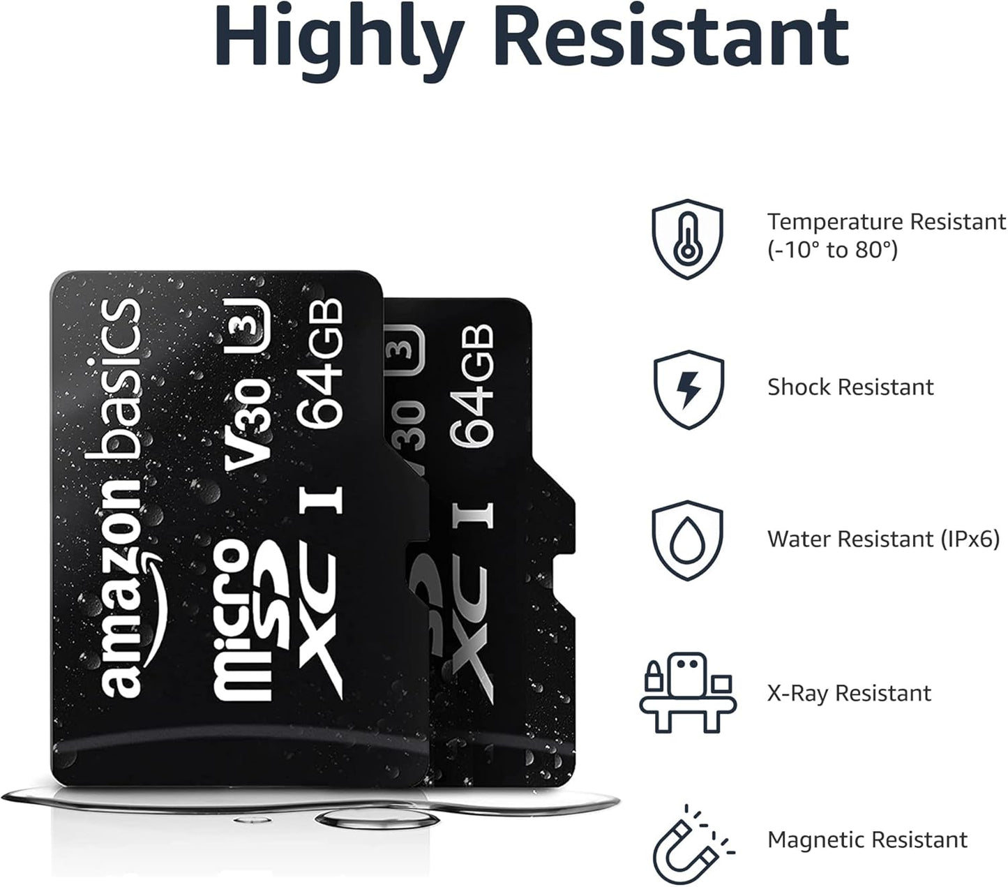 Amazon Basics MicroSDXC UHS-I Class 10 Memory Card with Full Size Adapter, A2, U3, V30, 4K, Read Speed up to 100 MB/s, 64 GB (2pack), for GoPro Cameras Storage, Black