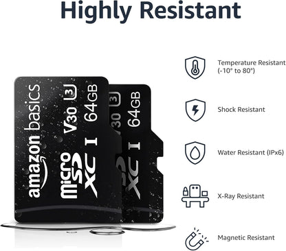 Amazon Basics MicroSDXC UHS-I Class 10 Memory Card with Full Size Adapter, A2, U3, V30, 4K, Read Speed up to 100 MB/s, 64 GB (2pack), for GoPro Cameras Storage, Black