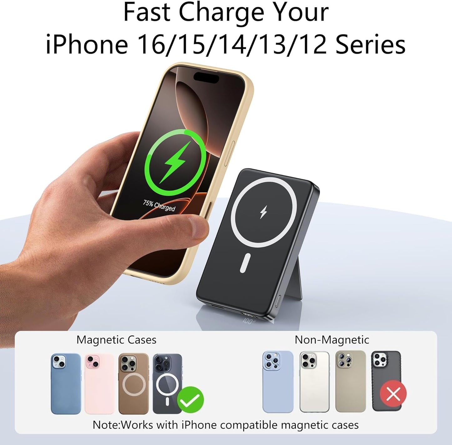 YUJE for Magsafe Battery Pack Magnetic Power Bank 10000mAh, Wireless Portable Charger with Foldable Stand Dual USB-C & USB-A Port Fast Charging Compatible with iPhone 16/15/14/13/12 Pro/Max/Plus