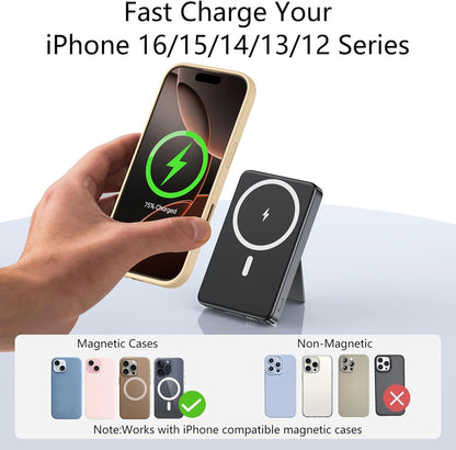 YUJE for Magsafe Battery Pack Magnetic Power Bank 10000mAh, Wireless Portable Charger with Foldable Stand Dual USB-C & USB-A Port Fast Charging Compatible with iPhone 16/15/14/13/12 Pro/Max/Plus