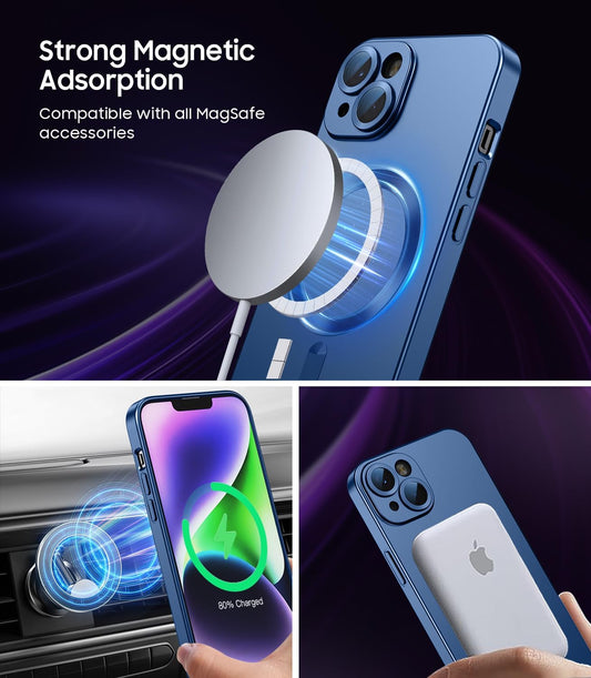 Magnetic for iPhone 14 Case [Compatible with MagSafe][Built-in Camera Lens Protector] Slim Soft Silicone Bumper Shockproof Metallic Luster Phone Case (Blue)