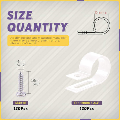 Swpeet 120 Pack White 3/4 Inch Nylon Plastic R-Type Cable Clips Clamp Kit, Nylon Screw Mounting Cord Fastener Clips with 120 Pack Screws for Wire Management (3/4 Inch, White)