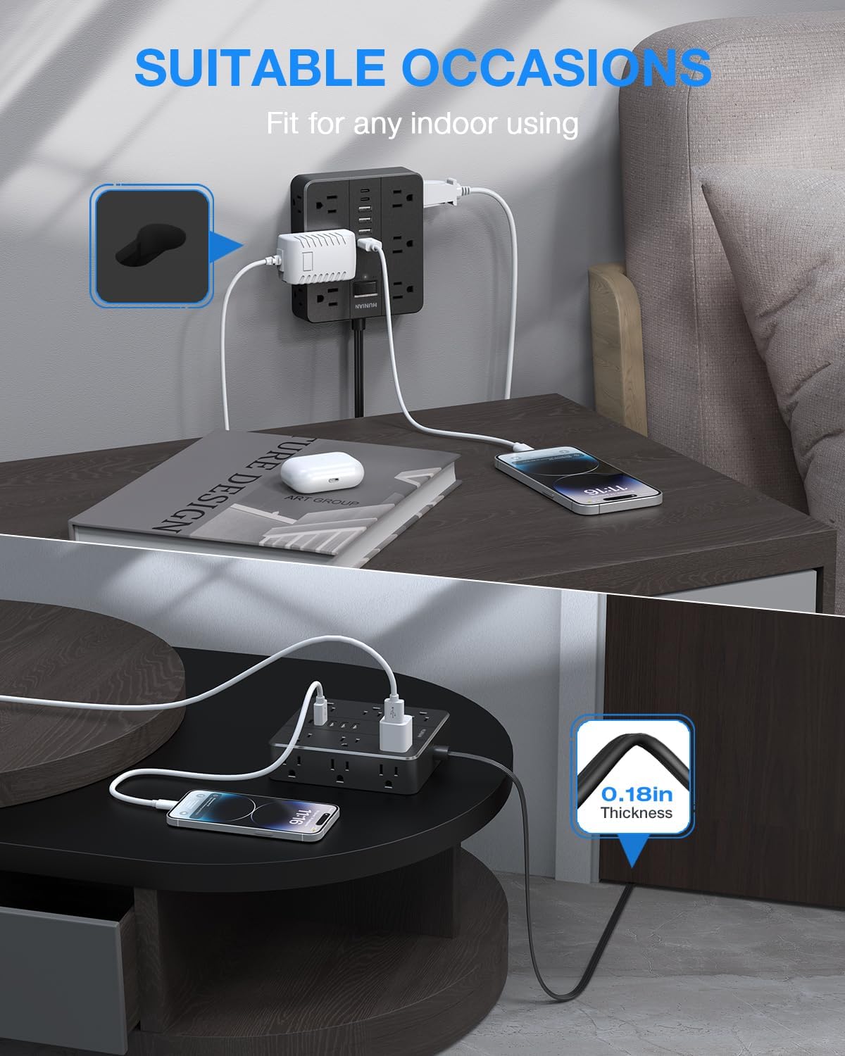 Power Strip Surge Protector, Flat Extension Cord Indoor 20 Feet, HUNIAN 12 Widely Spaced Outlets with 6 USB Charger (2 USB C Ports), Desk Charging Station for Home Office Supplies, Dorm Room, Black