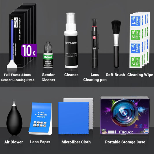 Updated Camera Lens and Sensor Cleaning Kit for Full Frame DSLR - 10x Swabs, Cleaner, and Essentials for Canon, Nikon, Sony