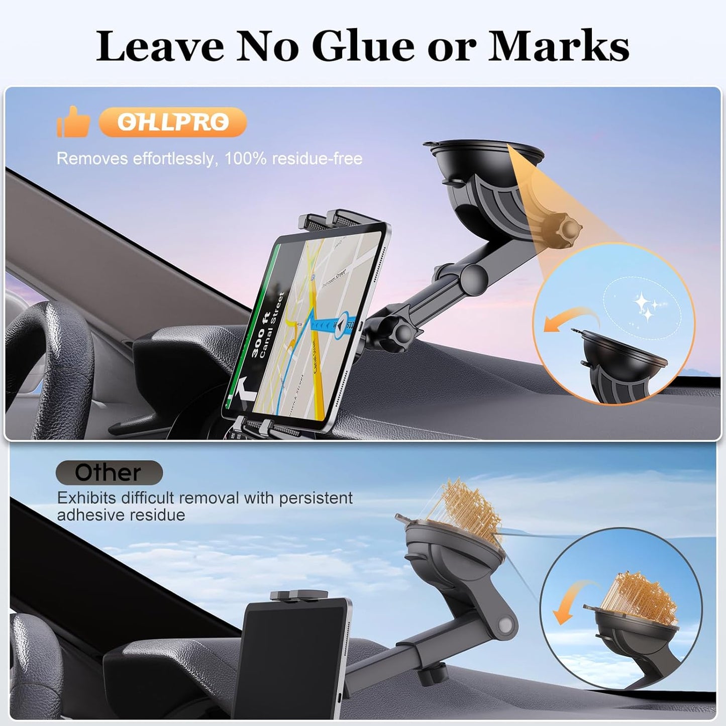 OHLPRO Tablet Holder for Car Dashboard [Suction Cup Mount] Windshield Wall Desk, Adjustable Stand for 5-13" iPad mini Air Pro Galaxy Tab S9 Phone - Heavy Duty Truck Accessories