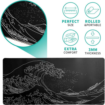 Japanese Gaming Mouse Pad Abstract Black Mouse Pad 31.5x11.8 Inch Black Sea Wave Texture Non-Slip Rubber Base Large Ocean Mousepad Stitched Edges Keyboard Mouse Mat Desk Pad for Office and Home