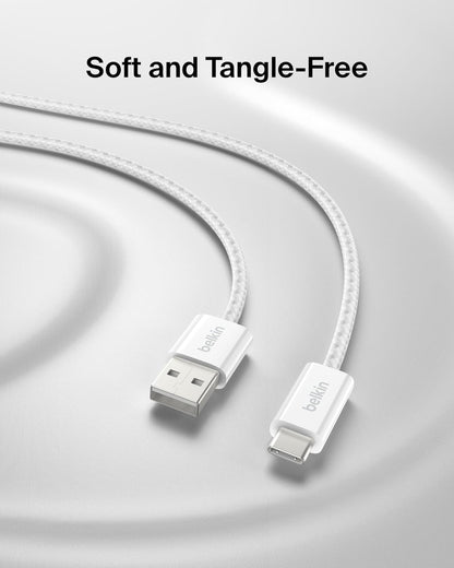 Belkin USB A to USB C Cable 2-Pack, 3.3ft, 15W - Type C Charger, iPhone Charger Cord, Soft, Braided, Flexible for iPhone 16 & 15, Galaxy S25, Pixel 9, iPad Pro, Airpods Pro, Switch & More - White