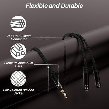 1/8inch Aux Headphone Splitter 2 Way Cable 2FT, 3.5mm 1 Male to 2 Female Mic and Audio Y TRRS Adapter, Compatible with Headset Earphone Switch 2/PS4/PS5 Steam Deck Xbox PC Laptop Phone Tablet Gaming