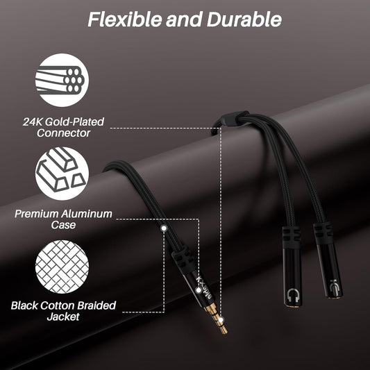 1/8inch Aux Headphone Splitter 2 Way Cable 6FT, 3.5mm 1 Male to 2 Female Mic and Audio Y TRRS Adapter, Compatible with Headset Earphone Switch 2/PS4/PS5 Steam Deck Xbox PC Laptop Phone Tablet Gaming