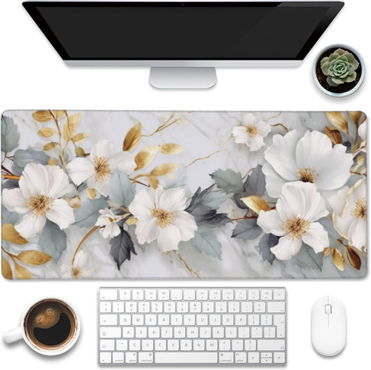 Desk Mat,White Gold Marble Desk Pad,White Flowers Golden Leaves Large Gaming Mouse Pad for Desk,Extended Big Computer Keyboard Mouse Pad with Non-Slip Base and Stitched Edge,35.4"x15.7"
