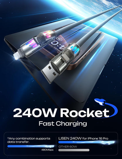 LISEN 10 FT USB C Cable Fast Charging, 240W 4 in 1 Charging Cable, Chubby Type C/A to C/Lightning Cable with Light for iPhone 16 15 14 Pro/MacBook/iPad/Samsung/Switch, Multi Chargers for All Devices