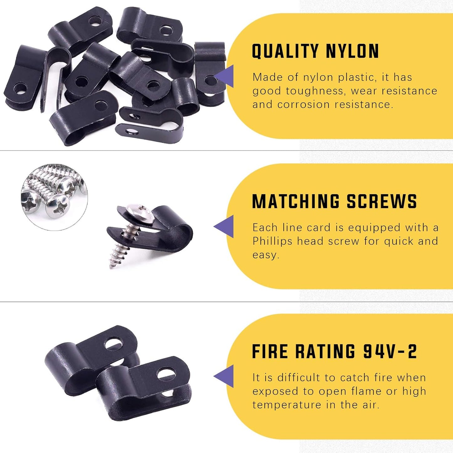 Swpeet 120 Pack Black 1/4 Inch Nylon Plastic R-Type Cable Clips Clamp Kit, Nylon Screw Mounting Cord Fastener Clips with 120 Pack Screws for Wire Management (1/4 Inch, Black)