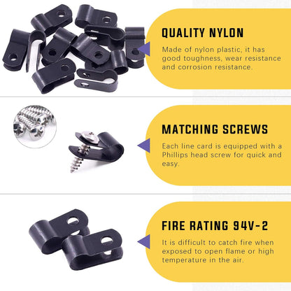 Swpeet 120 Pack Black 1/4 Inch Nylon Plastic R-Type Cable Clips Clamp Kit, Nylon Screw Mounting Cord Fastener Clips with 120 Pack Screws for Wire Management (1/4 Inch, Black)