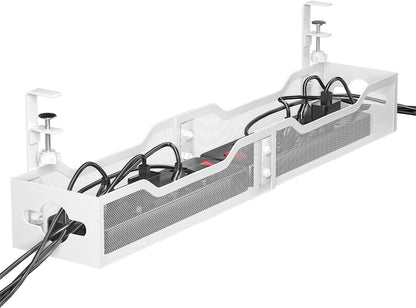 Under Desk Cable Management Tray White, Litwaro Cable Management Under Desk No Drill, 25'' Cable Tray with Clamp for Wire Management, Cord Organizer for Office, Home - No Damage to Table