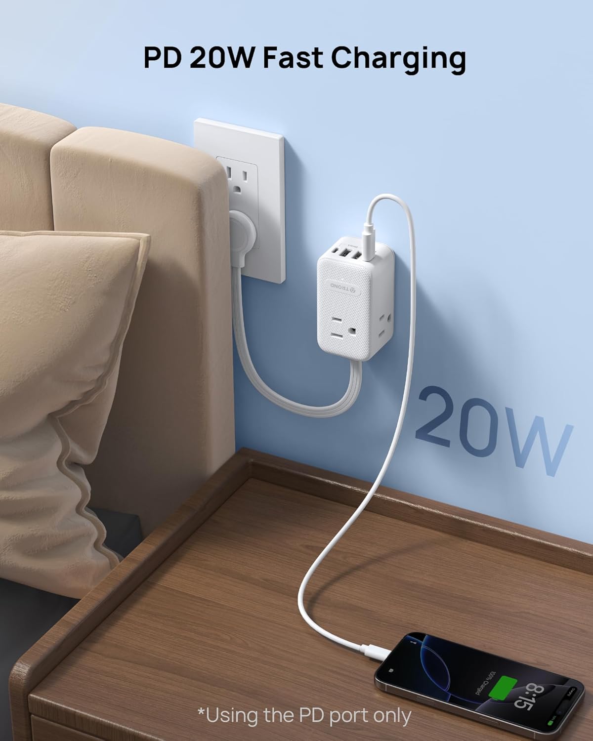 TROND Outlet Extender with 6 Inch Cord - Multi Plug Wall Outlet with PD 20W USB C Plug Adapter, Ultra Short Extension Cord, 3 Way Power Splitter for Bathroom Kitchen Office Dorm Travel Essentials
