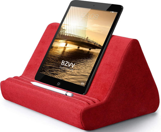 Soft Tablet Stand Pillow with Pocket,Adjustable 3 Viewing Angle,Lazy Holder for Bed Sofa,Compatible with iPads Tablets eReaders Smartphones Books Magazines (Wine Red)